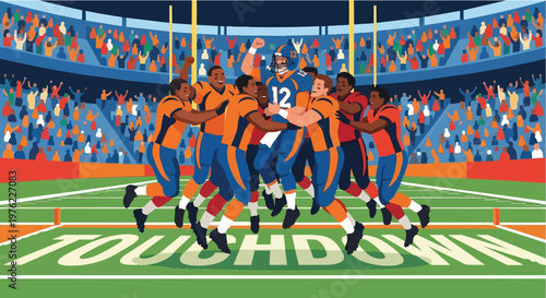 American Football Players Celebrating a Winning Touchdown in a Packed Stadium with Cheering Fans, Flat Vector Illustration of Sports Achievement and Team Victory