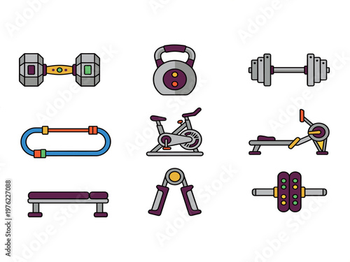 Gym Fitness Equipment and Workout Tools Icons Set, Dumbbell, Kettlebell, Stationary Bike, Rowing Machine, Weight Bench and Ab Roller Vector Symbols