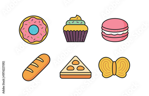 Sweet Bakery Products and Pastry Collection Icons, Glazed Donut, Cupcake, Macaron, French Baguette, Sliced Fruit Pie and Palmiers Cookie Vector Set