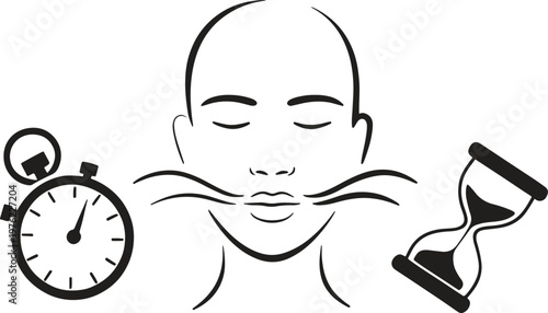 A person's face with a mustache, flanked by a stopwatch and an hourglass.