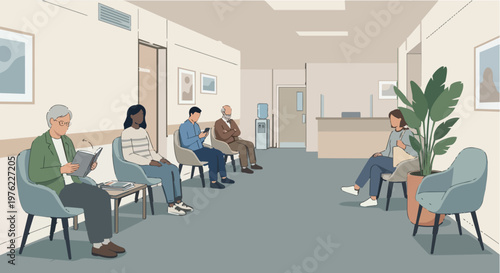 Diverse Group of Patients Waiting in a Modern Hospital Waiting Room Medical Clinic Reception Area Illustration