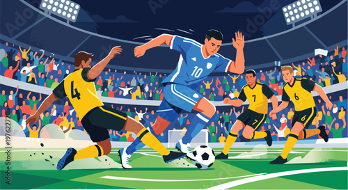 Professional Soccer Players Competing in a Packed Stadium at Night, Football Striker Dribbling Ball Past Defenders During Intense Match, Championship Game Action, Flat Vector Illustration.