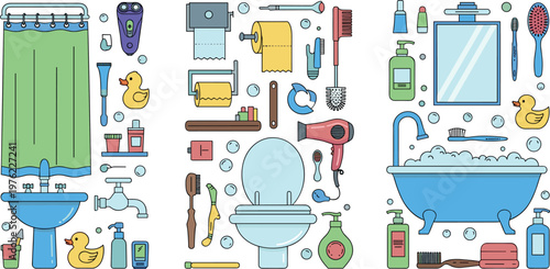 Complete Bathroom Accessories and Hygiene Tools Collection with Bathtub, Toilet, Sink, Shower Curtain, Cosmetics, and Personal Care Items Set