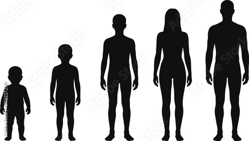 Vector graphic illustration of a family with five members in black silhouette