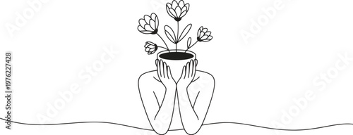 A minimalist drawing of a person with a flowering plant as their head.