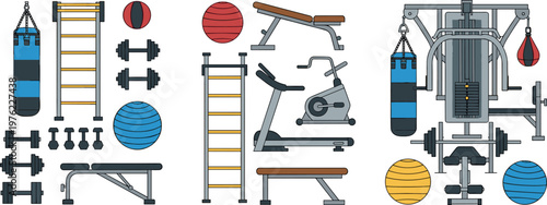 Comprehensive Gym Equipment and Fitness Icons Set Featuring Weights Machines Treadmill Punching Bag and Training Tools for Workout Design