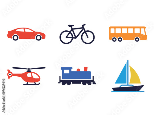 Public and Private Transportation Vehicles Icons Set, Red Car, Bicycle, Bus, Helicopter, Blue Train and Sailing Boat Symbols for Travel and Logistics