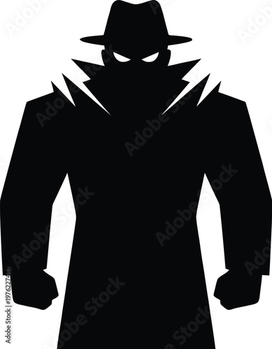 Vector graphic illustration of a mysterious black figure in a fedora and trench coat with a menacing appearance standing alone on a plain white background