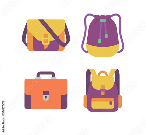 Various Styles of Bags and Backpacks Collection, Messenger Bag, Drawstring Sack, Business Briefcase and School Rucksack Vector Graphic Design Set