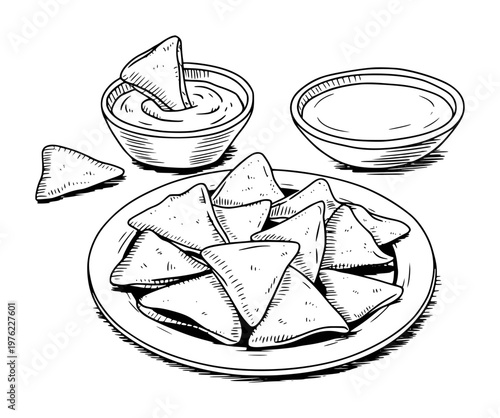 Hand drawn black and white of tortilla chips and dipping sauce a plate nachos