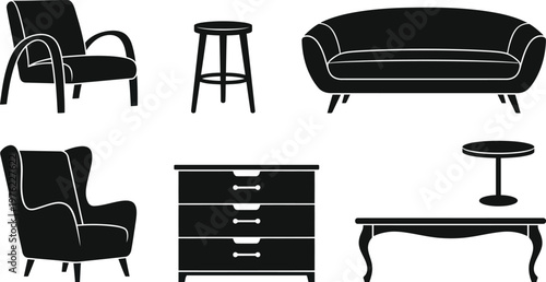 Modern furniture vector graphics including chair, sofa, table, and dresser designs