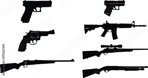 Vector graphic illustration of various gun silhouettes including pistols and rifles