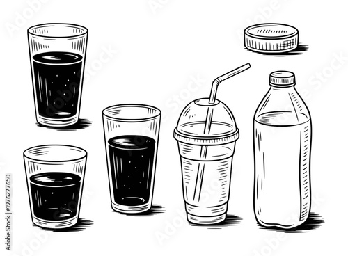 Hand drawn black and white of various drinks in glasses cups and bottle beverage
