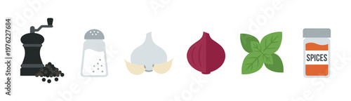 Various cooking ingredients and spices are neatly arranged together, including a pepper grinder, salt shaker, garlic, onion, basil, and a spice jar.