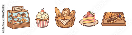 Delightful collection of bakery items, pastries, and fresh bread is charmingly illustrated in a vibrant cartoon style, perfect for food-related designs.