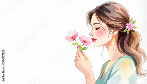 Young woman smelling flowers with a serene expression in spring  