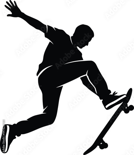 Young man performing skateboard trick with raised arm in mid air