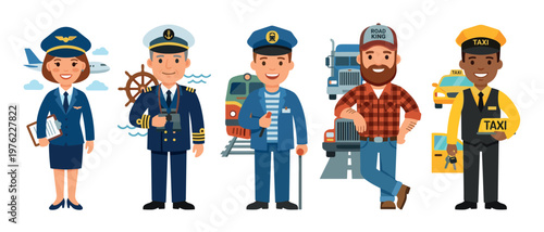 Diverse group of transportation professionals, including a pilot, ship captain, train conductor, truck driver, and taxi driver, smiling.