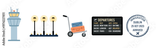 Airport travel elements collection representing various aspects of modern air transportation and international journeys in a flat design style.