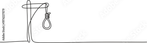 A continuous line drawing depicting a gallows with a hanging noose.