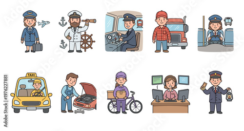 Various transportation and service professionals are depicted in a charming cartoon style, showcasing diverse careers in travel, logistics, and customer support.