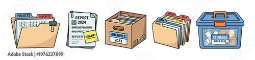 Collection of document organization items for effective office and business management, featuring folders, reports, archive boxes, and various storage solutions.