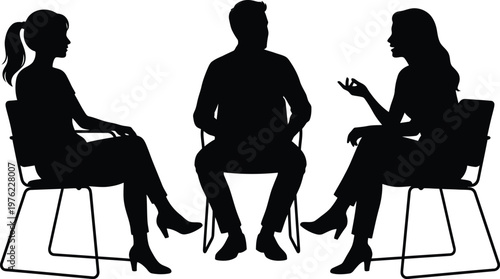 Three people sitting in chairs having a conversation in silhouette style