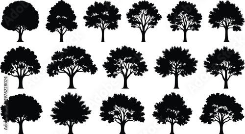 Large collection of black deciduous tree silhouettes with various canopy shapes and branch structures isolated on white background vector illustration