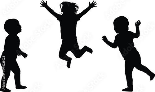 Three black silhouette children playing and jumping with joy on white background vector illustration