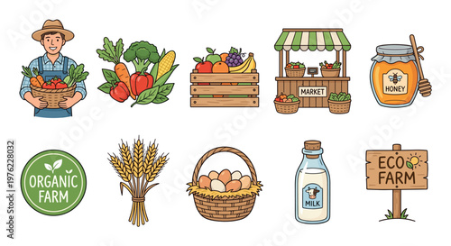 Delightful collection of organic farm products and agricultural elements, including a farmer, fresh fruits, vegetables, honey, milk, eggs, and a charming market stand.