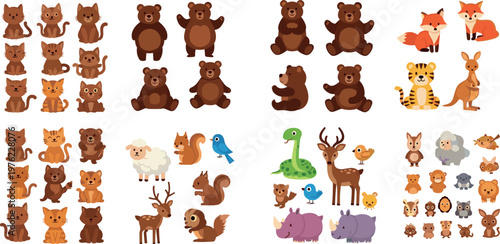 Foto Cute Cartoon Animal Collection with Cats, Bears, Foxes, Tiger, Kangaroo, Deer, S