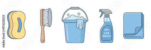 Car wash tools and cleaning supplies are neatly arranged, including a sponge, brush, bucket, spray bottle, and towel, ready for vehicle maintenance.
