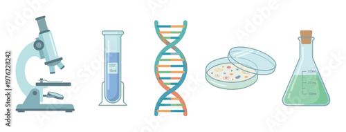 Scientific laboratory equipment and biological research tools illustration showcasing essential instruments like a microscope, test tube, DNA, petri dish, and flask for experiments and discovery.