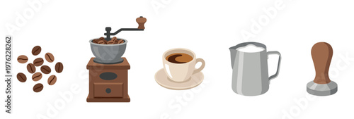 Various coffee preparation items including beans, grinder, cup, pitcher, and tamper are displayed as a set of essential tools for making beverages.
