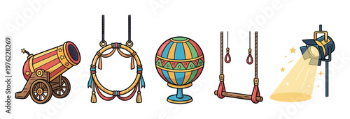 Colorful circus elements including a cannon, aerial hoop, decorative balloon, trapeze, and spotlight, presented in a fun, vibrant cartoon illustration style perfect for entertainment themes.