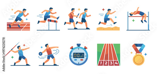 Track and field athletics icons collection illustrating various sports events like running, jumping, and throwing, along with related equipment and awards in a modern flat design style.