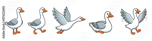 Cartoon geese characters in various poses including standing, walking, flying, and flapping wings, illustrating different actions of the farm bird.