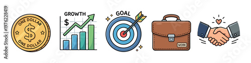 Business and finance icons illustrating growth, goals, work, and successful partnerships are essential elements for achieving prosperity and professional success.