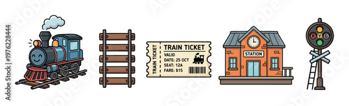 Train travel elements including locomotive, tracks, ticket, station, and signal are depicted in a charming cartoon style, perfect for children's books or transportation themes.