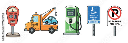 Parking meter, tow truck, EV charger, and various road signs illustrate common rules and services related to vehicle parking and electric car charging.