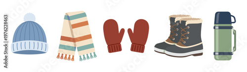 Winter clothing accessories collection featuring essential cold weather items like a beanie, scarf, mittens, boots, and a thermos, perfect for staying warm.