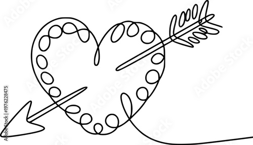 Single Line Heart Pierced by Cupid Arrow Minimalist Black and White love romance