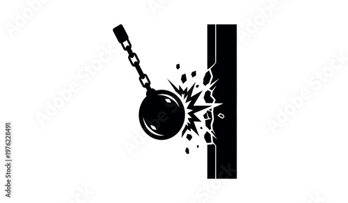 Destruction of a wall a wrecking ball impact with shattering concrete debris