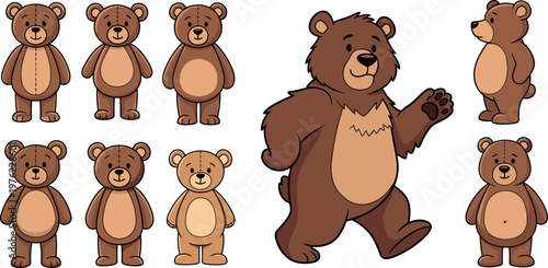 Cute Cartoon Bear Character Set with Different Poses and Expressions, Friendly Brown Bear Illustration Collection for Kids and Animal Design