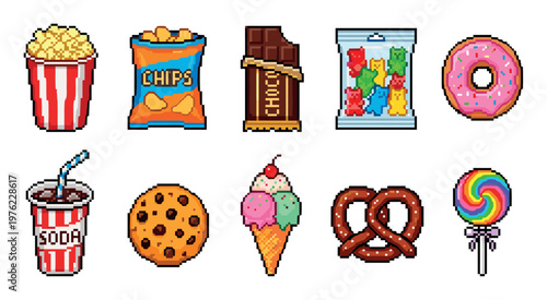 Various pixel art snacks and desserts are depicted in a charming retro 8-bit style, perfect for gaming, digital design, or nostalgic themes.