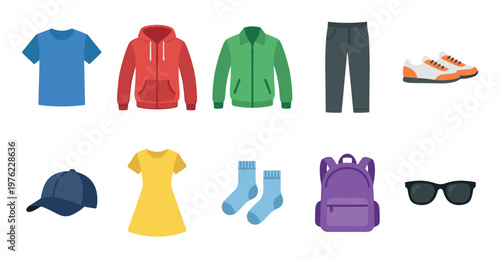 Various clothing items and accessories are neatly arranged in a colorful collection, showcasing different apparel and fashion essentials for everyday wear.