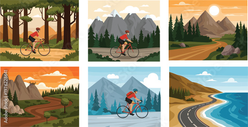 Mountain and Road Cycling Adventure Set Featuring Scenic Landscapes, Cycling in Forests, Mountains, and Coastal Roads for Outdoor Sports and Fitness