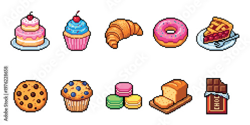 Pixel art desserts and baked goods collection featuring cakes, muffins, donuts, cookies, and pastries in a charming retro video game style.