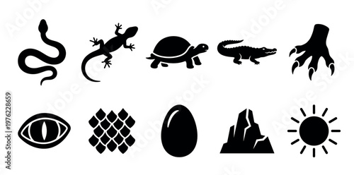 Reptile animal icons and related natural elements are displayed as a comprehensive set of black silhouettes, ideal for various design applications.