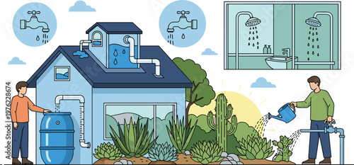 Rainwater Harvesting and Water Conservation System with Roof Water Collection, Water Storage Tank, and Sustainable Gardening Practices for Eco-Friendly Homes